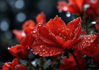 Vibrant Red Azalea Flowers with Dew Drops Close-up. Excellent for floral themed projects