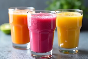 Colorful Fruit Smoothies in Glass Cups - Healthy Refreshing Drinks