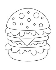 Gourmet Burger with All the Fixings and Dripping Cheese – Fast Food Adult Coloring Page on White Background