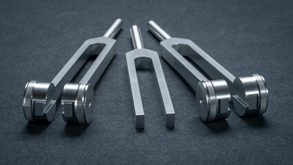 Set of weighted and unweighted metal tuning forks used for tuning musical instruments, sound...