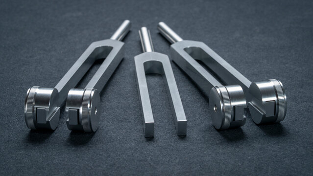 Set of weighted and unweighted metal tuning forks used for tuning musical instruments, sound therapy, chakra healing or relaxation.