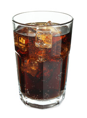 Glass of refreshing sweet soda water with ice cubes isolated on white