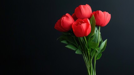 Red tulips bouquet, dark background, close-up