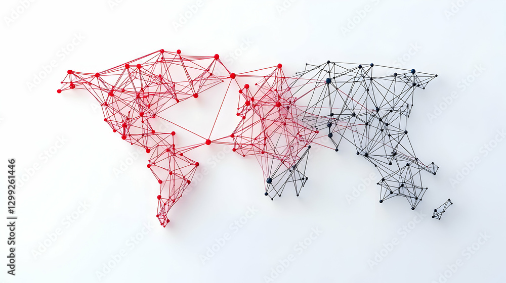 Poster abstract world map depicting global network and data connectivity in red and black colors