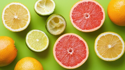 Fototapeta premium Citrus fruits overhead shot, vibrant colors, green background, healthy food, recipe blog