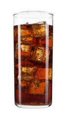 Sweet soda water with ice cubes in glass isolated on white