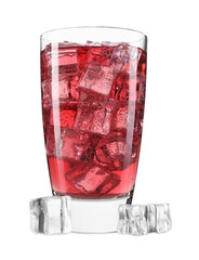 Sweet soda water in glass and ice cubes isolated on white