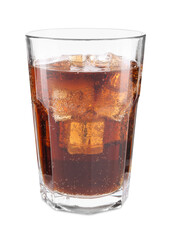 Sweet soda water with ice cubes in glass isolated on white