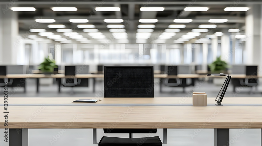 Poster empty office desk setup with pen holder stationary and background blurred rows of workstation