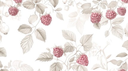 Delicate Raspberry Floral Pattern - Elegant Botanical Illustration for Wallpaper or Fabric