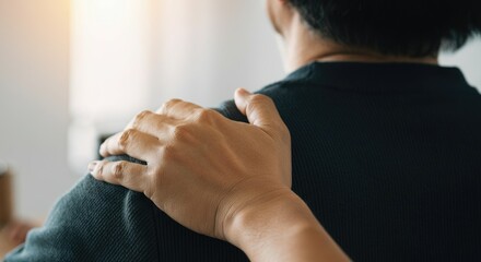 Comforting hand rests on person's shoulder, offering support and reassurance