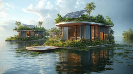 Obraz premium Floating Eco-Resorts: Sustainable Luxury on the Water, Featuring Solar Panels, Lush Green Roofs, and Modern Architectural Design for Tranquil Island Getaways.