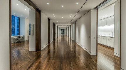 Obraz premium Modern hallway featuring sleek design with wooden flooring and bright lighting in a contemporary building