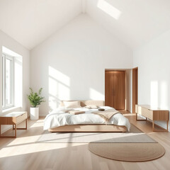 Modern luxury bedroom interior in minimal scandinavian style
