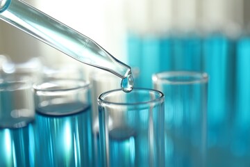 Dripping liquid into test tubes on light background, closeup