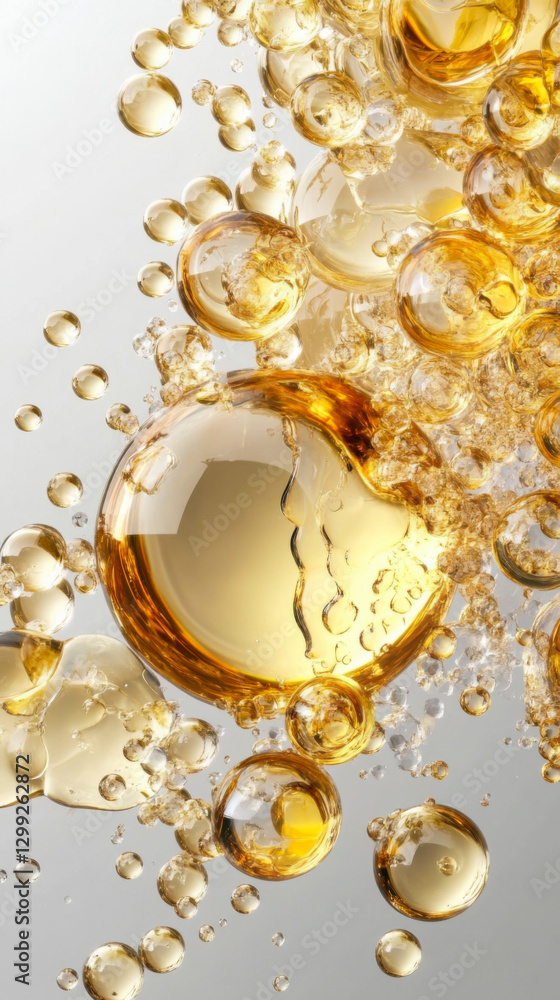 Poster golden liquid drops and bubbles create an abstract composition in a bright setting