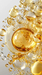 Golden liquid drops and bubbles create an abstract composition in a bright setting