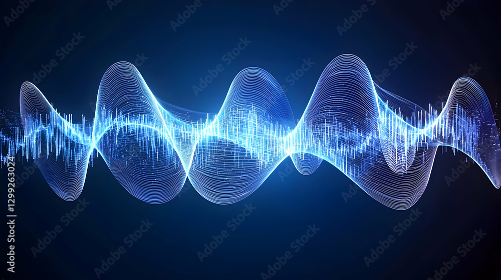 Poster abstract blue data visualization with glowing waveform against dark background