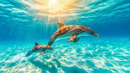 Obraz premium Mother dolphin guiding her calf through sunlit clear waters of the ocean captured in a peaceful moment. Generative AI
