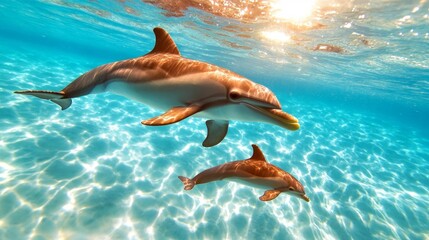 Obraz premium A mother dolphin and calf swimming in clear turquoise water showcasing family bonds in a serene environment. Generative AI