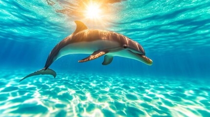 Obraz premium Dolphin mother and calf gliding through the turquoise sea a beautiful underwater family moment. Generative AI