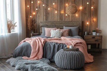 Cozy bedroom with wooden wall, fairy lights, and soft blankets. Interior design