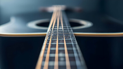 Fototapeta premium Detailed Perspective Of An Acoustic Guitar Fretboard With Brown Strings And Black Body