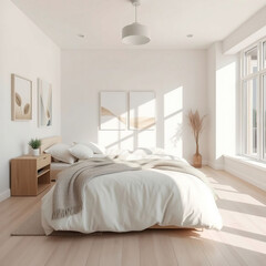 Modern luxury bedroom interior in minimal scandinavian style