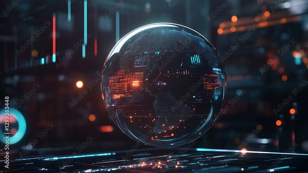Poster a high-tech background with a transparent, floating globe displaying real-time global information