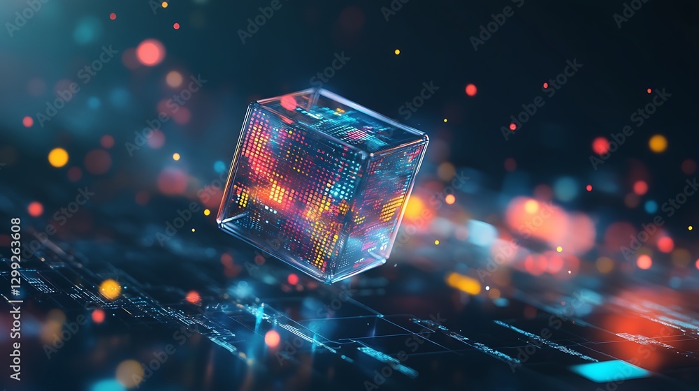 Poster a high-tech background with a floating, transparent cube displaying interactive data points
