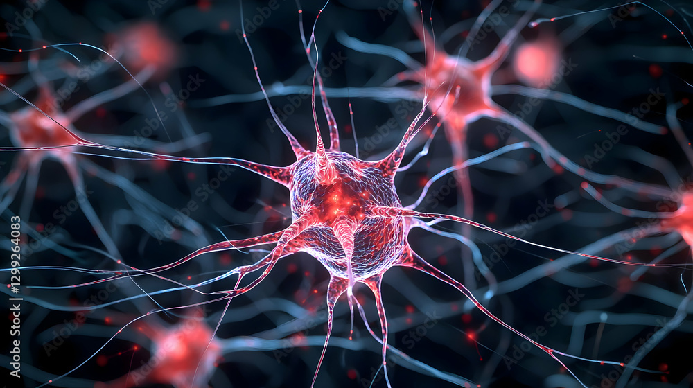 Poster abstract artistic illustration of a network of neurons with red illuminated cells on a blue backgrou