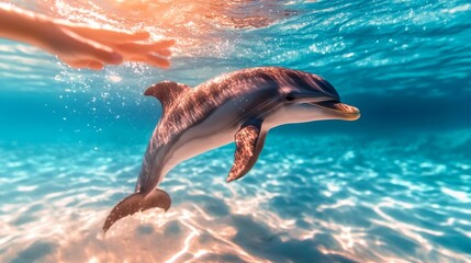 Obraz premium A Dolphin Swimming Near Human Hands in Clear Shallow Waters with Sunlight Reflections. Generative AI