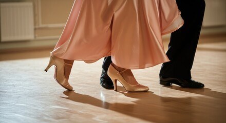 Elegant dance couple in ballroom, focus on feet