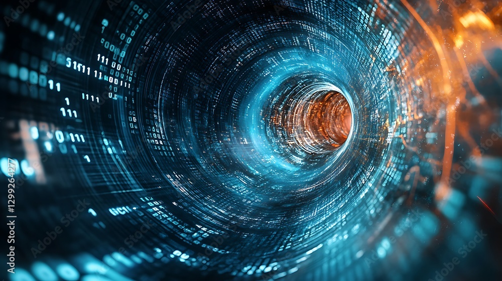 Poster a high-tech background with a swirling vortex of binary code and abstract geometric shapes