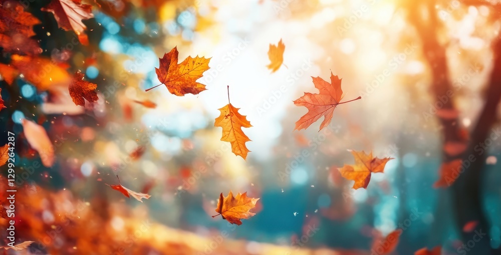 Aufkleber autumn leaves falling in a forest with soft light filtering through trees creating a warm and cozy a