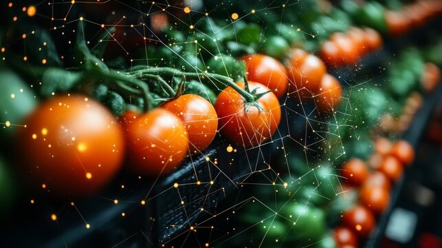 Fresh Tomatoes on the Vine with Digital Network Overlay: Connecting Agriculture and Technology for Sustainable Food Systems and Global Distribution.