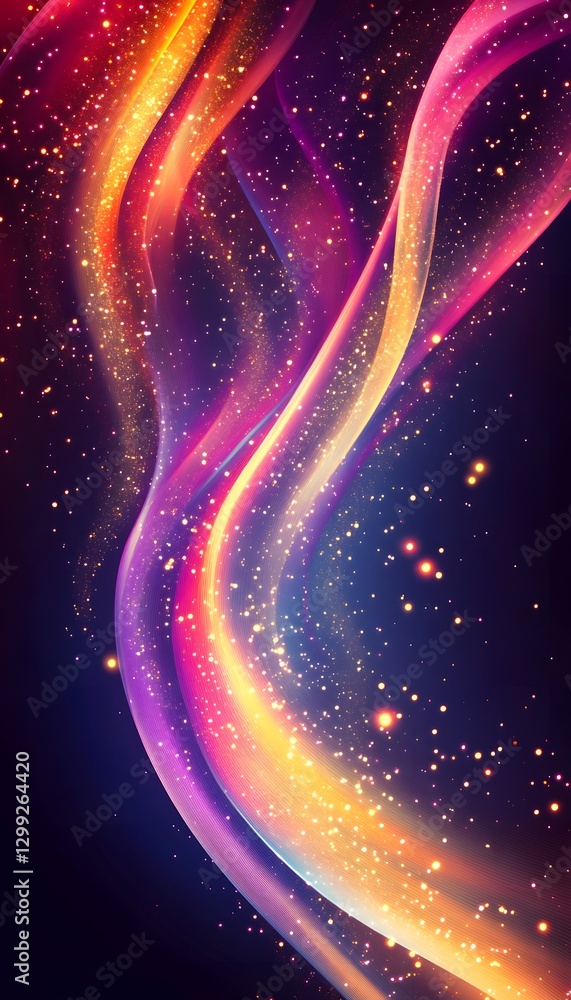Poster abstract flowing colorful light streaks with sparkling particles in space