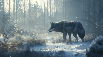 Majestic black wolf gazing into the winter wilderness photo