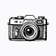 Vintage Camera Etching Woodblock style vintage camera with detailed cross-hatching Artistic black and white illustration for classic photography concept Art galleries vintage shops photography studios