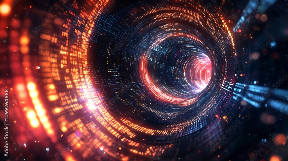 Poster a high-tech background with a swirling vortex of binary code and abstract geometric shapes