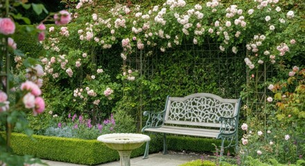 Beautiful garden with blooming pink roses, bench, and birdbath fountain
