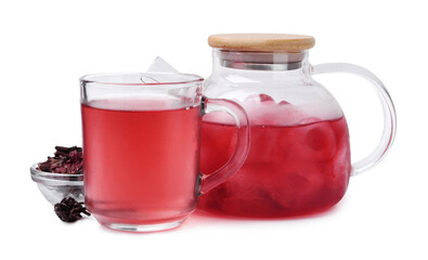Delicious hibiscus tea with ice and dry roselle sepals isolated on white