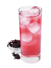 Delicious hibiscus tea with ice in glass and dry roselle sepals isolated on white