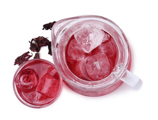 Delicious hibiscus tea with ice and dry roselle sepals isolated on white, top view