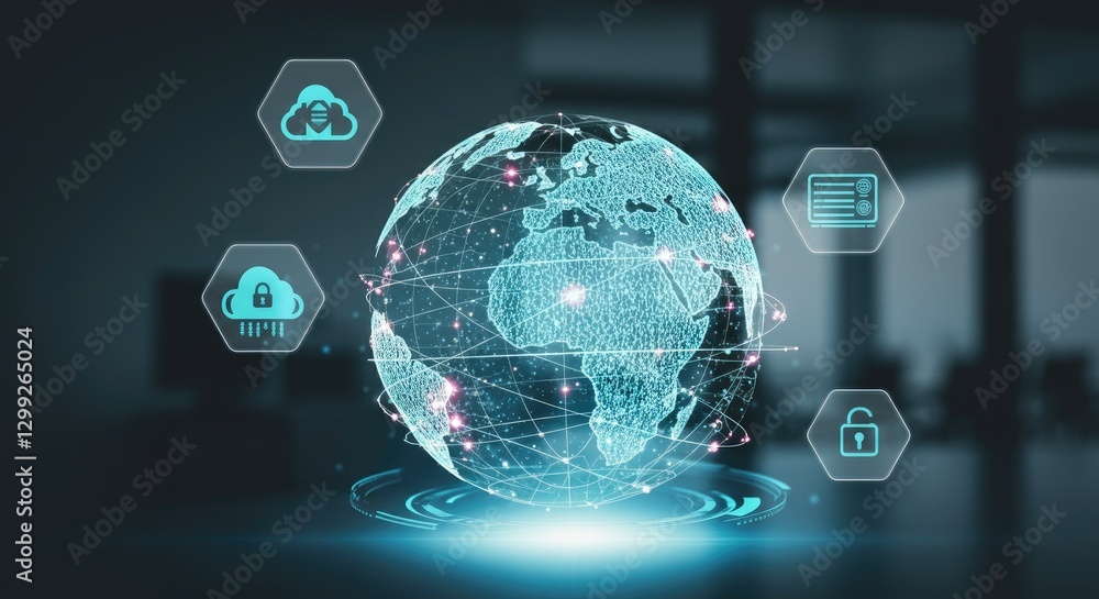 Poster digital globe with technology icons, representing global connectivity and cybersecurity concepts