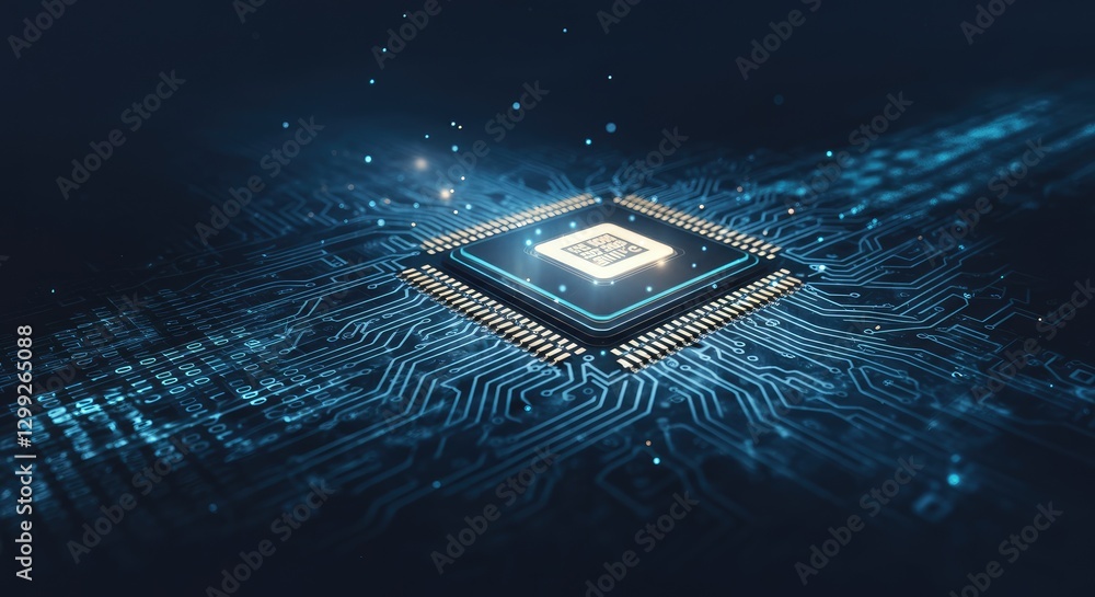 Poster close-up of glowing microchip on blue circuit board representing technology and electronics