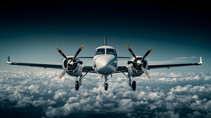 Fototapeta premium Twin-engine propeller plane flying above clouds at night