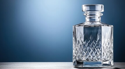 A crystal glass decanter elegantly reflects light against a blue background, showcasing its intricate design and clarity.