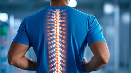 Man with illuminated spine graphic on shirt stands in a modern warehouse, showcasing health awareness