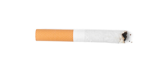 One cigarette butt isolated on white, top view. Smoking habit